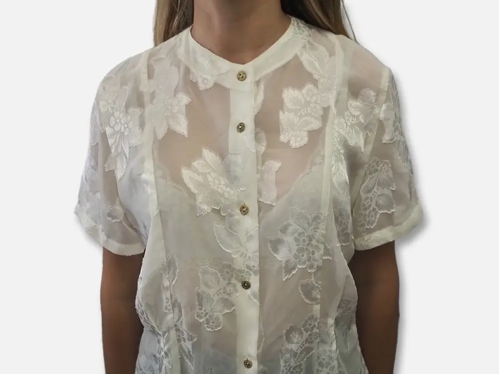 Camisa corta transparente bordados modelo frente detalle